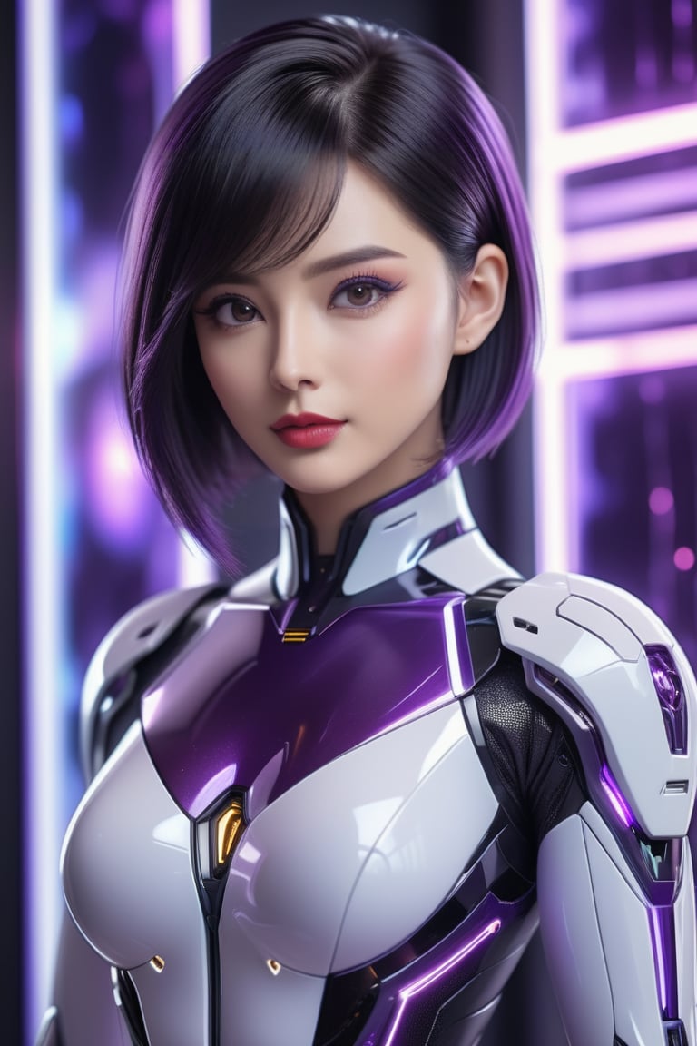 "4K anime style quality, digital drawing mode, mysterious anime female character, sleek black hair with purple streaks, deep amethyst eyes, wearing a futuristic suit with a neural interface, surrounded by a psychic aura, Blur the background to create a three-dimensional effect, atmosphere, standing in a high-tech lab with holographic screens, beautiful pure skin, Brush your hair back, short hair, beautiful pure white skin, glossy sleek hair, glossy lips, beautiful skin, beautiful female, high detail eyes texture, black purple amethyst, full body, enigmatic face, life size, perfect anatomy, smooth hair, detailed pure skin texture, dynamic pose, full HD, 4K, HDR, perfect anatomy, depth of field".