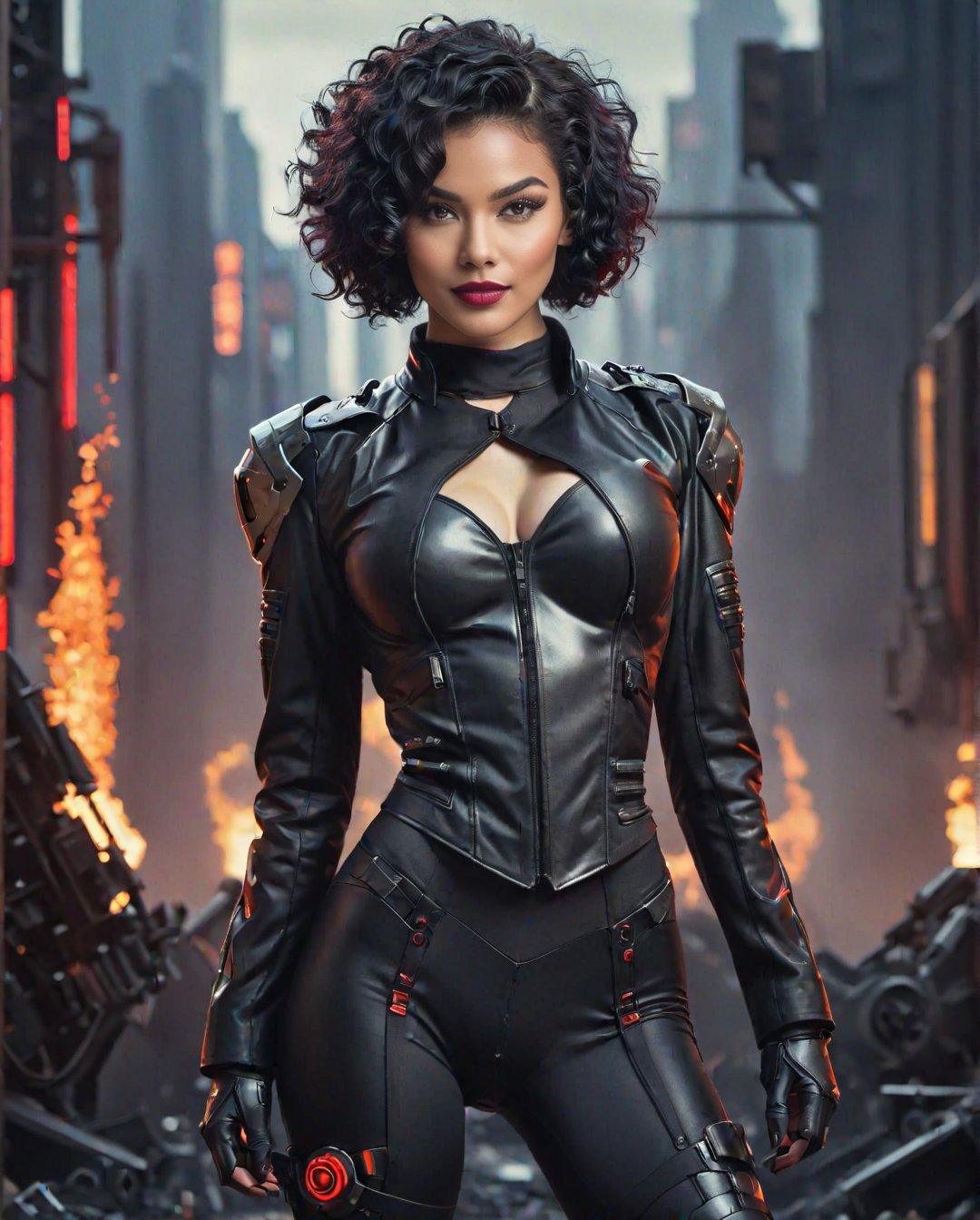 (by Loish, Leyendecker, james gilleard),  A full body shot of a young goth woman, short black curly hair, slightly smiling, one raised eyebrow, wearing a black metal cyborg suit , red lips, dark eye makeup, dark future battlefield background, ,heavy_jacket,Fire Angel Mecha,mecha