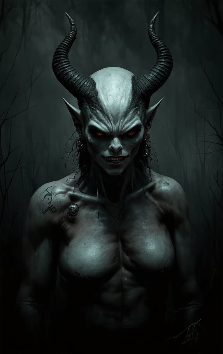 horror (theme), More Detail, Horror art style of a creepy, otherworldly creature with a symmetric small sharp horn, The creature has a haunting expression, with pale, almost ghostly skin and a Muscular body. The background is a spooky look swamp, giving an eerie and unsettling atmosphere. emphasizing its sinister intentions. The overall composition is dark and foreboding, with a focus on the creature's grotesque and unsettling features learning in the black swamp, cinematic composition, trending on ArtStation,tag , boney fingers, score,jewerlry,piercing,tattoo,portrait,make_up,punk,Muscle,FuturEvoLab