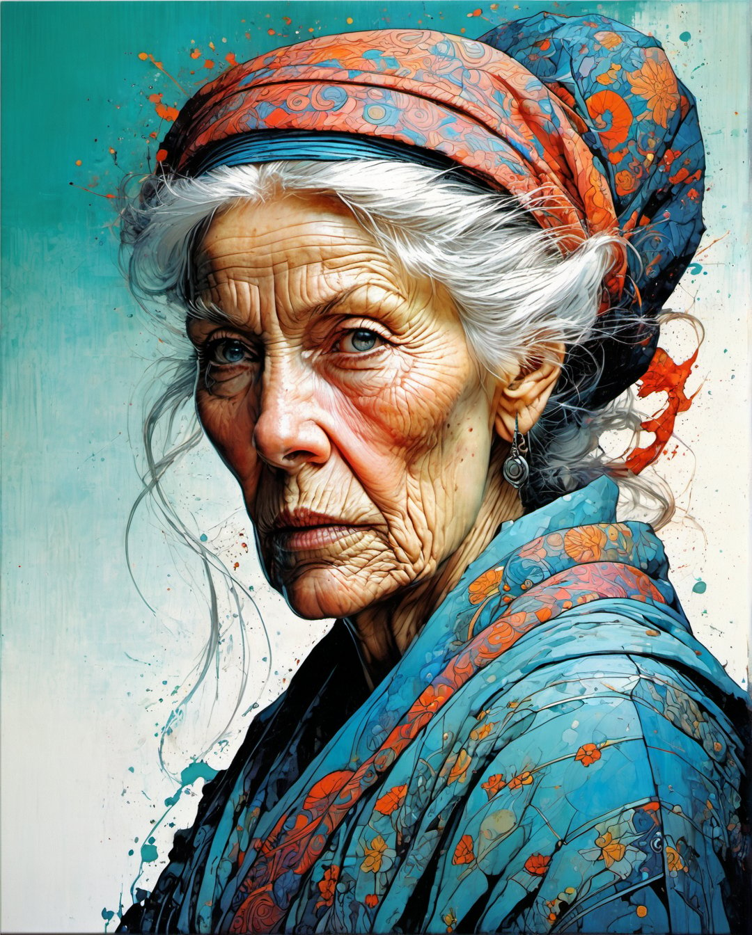 James Jean Style -Philippe Druillet Style, in the style of colourful Moebius, an old beautiful woman with lots of wrinkles, very strong look, chiselled face, super detailed eyes,  long hair overlapping the shoulders, high detailed cloth in the wind, centre, look at the viewer, very serious face, beautiful face, beautiful eyes, looks like a godmother, detailed digital painting bright colours used, trompe-l'œil illusionistic detail, dark aquamarine, sleepycore