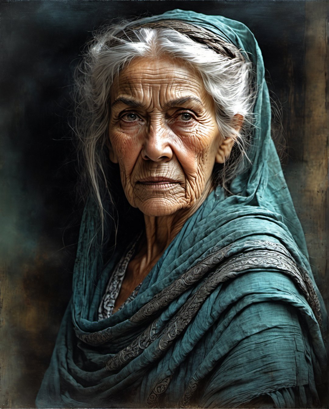 an old beautiful woman with lots of wrinkles, very strong look, chiselled face, super detailed eyes,  long hair overlapping the shoulders, dark cloth, highly detailed cloth in the wind, centre, look at the viewer, very serious face, beautiful face, beautiful eyes, looks like a godmother, detailed digital painting bright colours used, very good lighting , dermatic backlighting, trompe-l'œil illusionistic detail, dark aquamarine, sleepycore