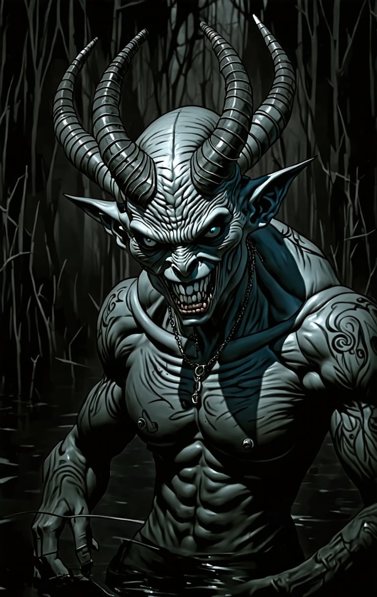 horror (theme), More Detail, Horror art style of a creepy, otherworldly creature with a symmetric small sharp horn, The creature has a haunting expression, with pale, almost ghostly skin and a Muscular body. The background is a spooky look swamp, giving an eerie and unsettling atmosphere. emphasizing its sinister intentions. The overall composition is dark and foreboding, with a focus on the creature's grotesque and unsettling features learning in the black swamp, cinematic composition, trending on ArtStation,tag , boney fingers, score,jewerlry,piercing,tattoo,portrait,make_up,punk,Muscle,FuturEvoLab