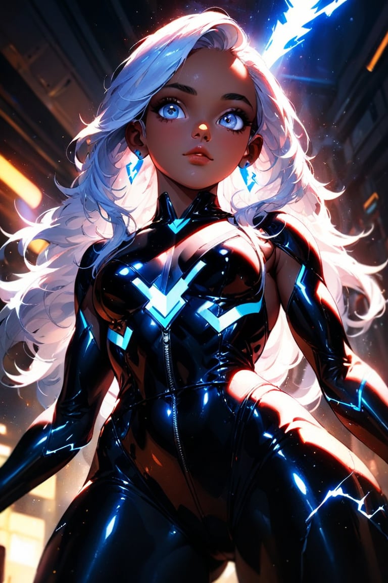 realistic beautiful young (Storm from the XMEN by Conrad Roset, Nicola Samori), (purposefully beautiful:1.4), (large eyes, white eyes), (cute face, long hair, white hair), (dark skin, superhero costume, black latex, lighting bolt earings), (electricity fills the air, light particles, lens flare:1.3), highly detailed, vibrant, production cinematic character render, ultra high quality model, (Full HD render + immense detail + dramatic lighting), (cowboy shot, view from below:1.5),cyberpunk style