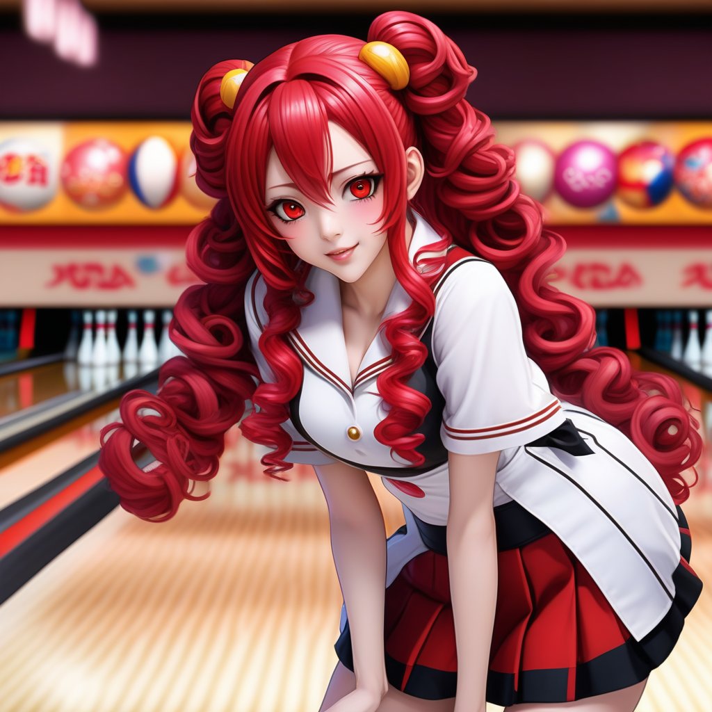 VOCALOID beauty, Shigeon Teto, long hair that reaches below her waist, curly twin tails, bright red contact lenses, red lips, Japanese beauty, enjoys bowling.