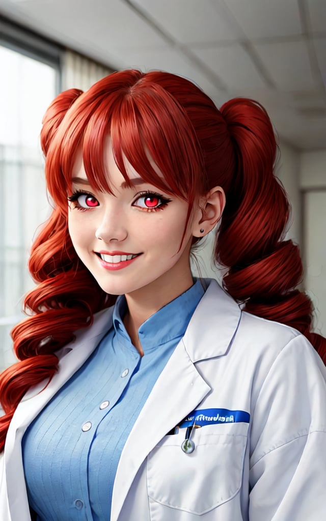 One girl, solo, long hair, smiling face, bright red curly hair, bangs, slim body, large breasts, ball-shaped breasts, red eyes, red contact lenses, hair between eyes, very long hair, redhead, solo focus, lips, drill curls, side twin tails, Japanese with a kind face, five fingers, wearing a white coat as a female doctor and working in a hospital