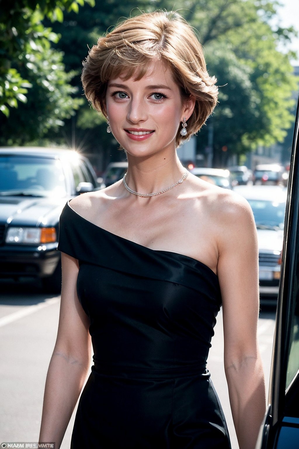 A warm evening sunlight casts a gentle glow on Princess Diana's radiant smile as she exits a sleek black limousine. The soft focus captures her elegance in a flowing black evening gown, accentuating the delicate curves of her neck and shoulders. Her sapphire like glossy blue eyes sparkle with kindness, charming smile face, smile, framed by long, luscious eyelashes.