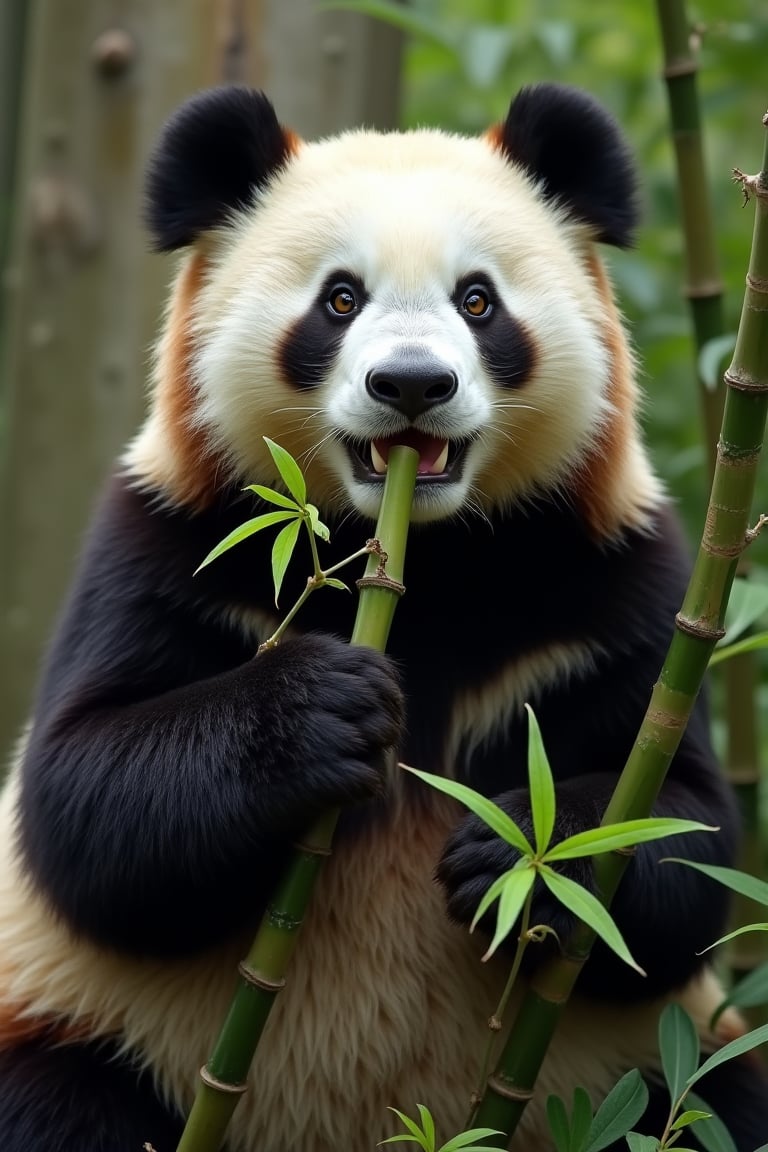 4k,masterpiece,best quality,a female fat panda,ferals,realistic,eating bamboo