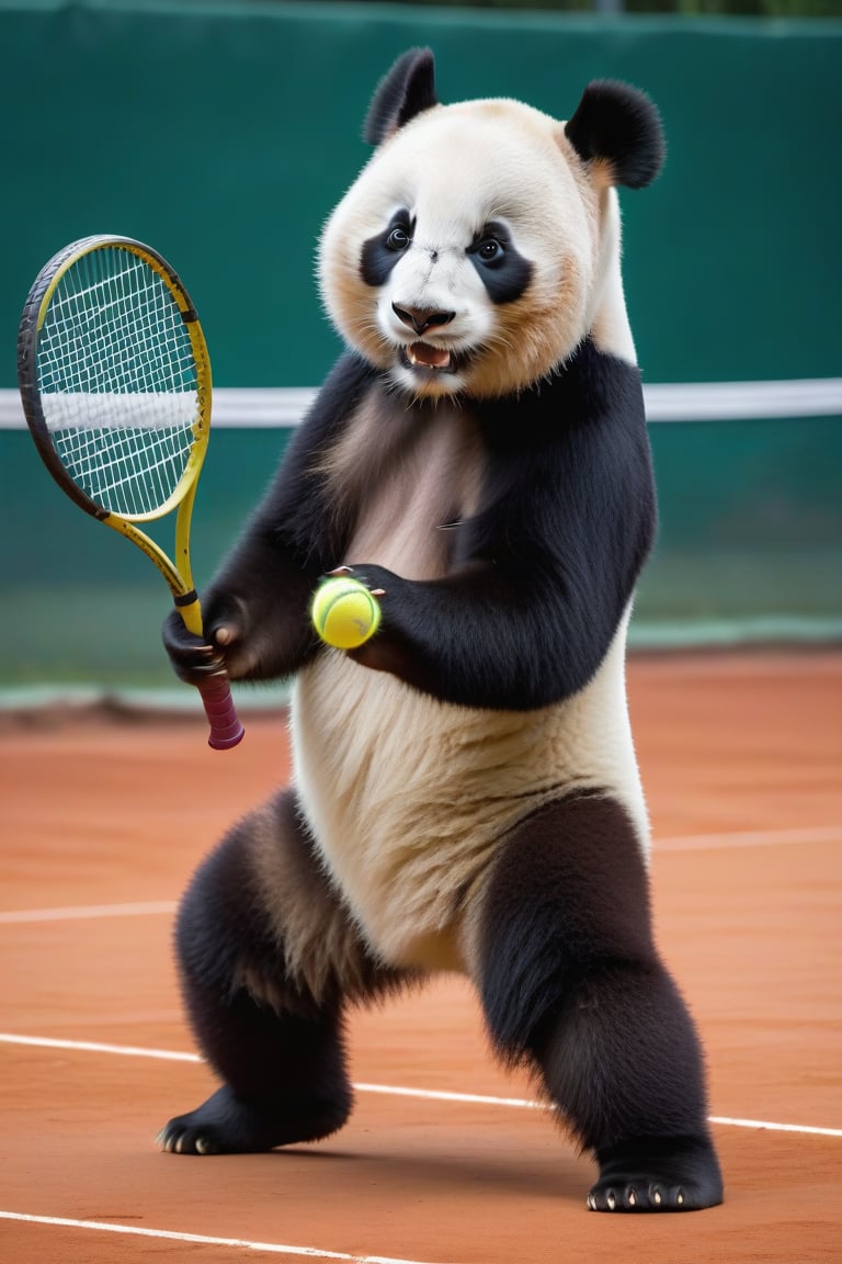 4k,masterpiece,best quality,a female panda playing  tennis,feral,