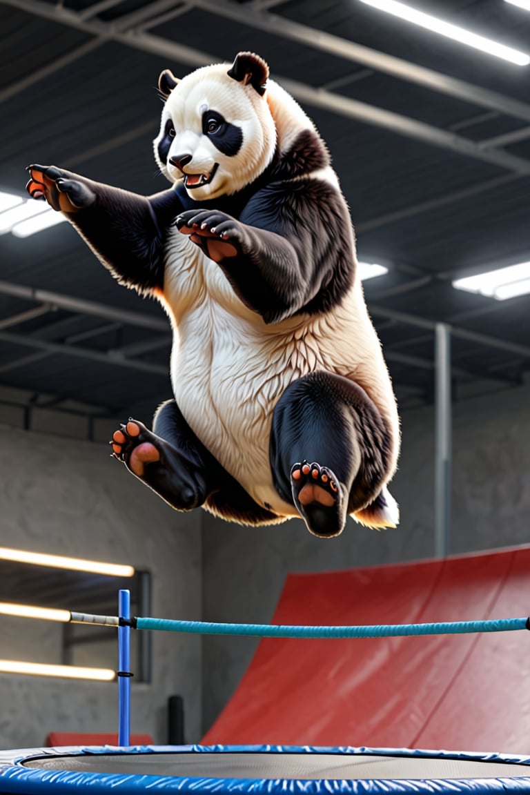 4k,masterpiece,best quality,a female fat panda,feral,realistic,gymnastic,short tail,5 toes,trampoline,contest,jumping