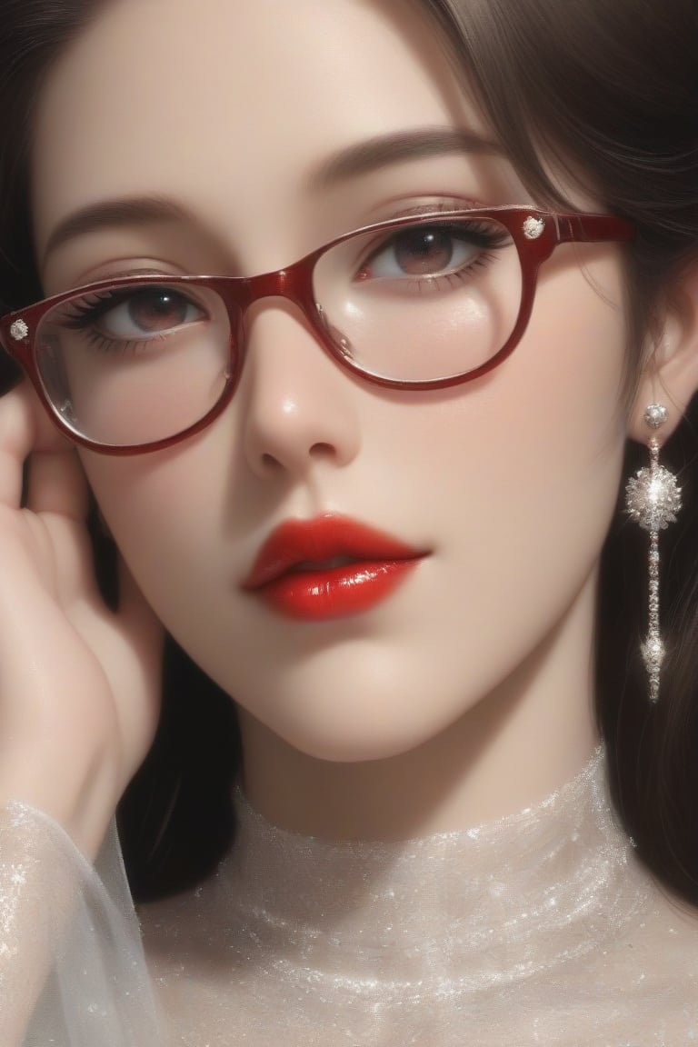 a mature woman,full of charming,(50 years old),(with sexy glasses),sexy figure,(red lips)