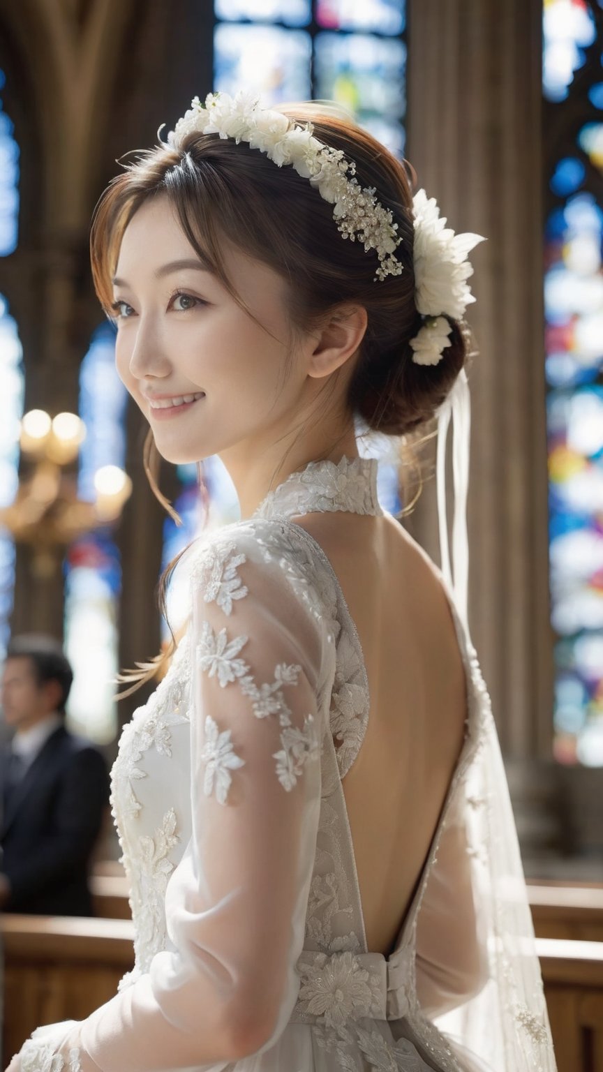 1girl,young,Japanese girl, fair skin, ,masterpiece,((best quality, 8k, ultra-detailed)),perfect anatomy,(solo:1.4),pretty face,dress,in the cathedral,(profile:0.6),smile