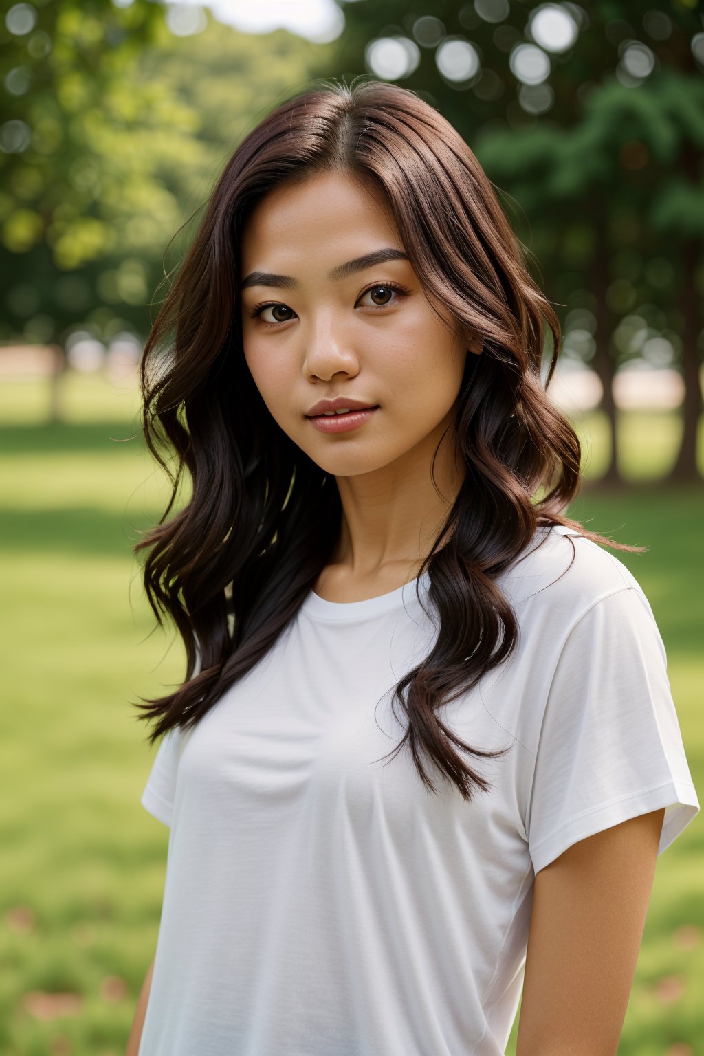 Generate an image of a 25-year-old woman with a blend of Chinese and French heritage. She has a tall and slender frame, standing at 5'7" (170 cm). Her skin is fair, smooth, and naturally radiant, with no makeup, highlighting her pure and authentic beauty. She has dark brown almond-shaped eyes, framed by long, naturally curled lashes, with high cheekbones and a defined jawline that contribute to her elegant appearance. Her rich, dark chestnut brown hair falls in soft waves down to her mid-back. She is dressed in comfortable, casual clothing, such as a simple t-shirt and jeans, exuding a relaxed and confident vibe. The background is bright and airy, reflecting her fresh and natural look