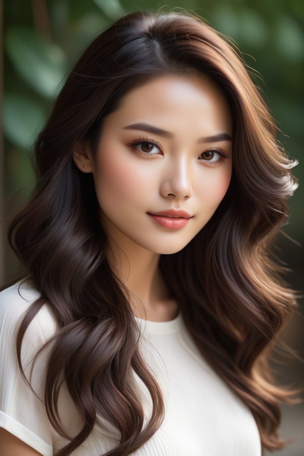 Create an image of a 25-year-old woman of mixed Chinese and French descent. She stands tall at 5'7" (170 cm) with an elegant and confident demeanor. Her porcelain skin glows naturally, perfectly complementing her delicate facial features. Her almond-shaped eyes, dark brown and expressive, are highlighted by long, naturally curled lashes. High cheekbones, a defined jawline, a straight, slender nose, and full lips that frequently form a warm smile contribute to her sophisticated look. Her dark chestnut brown hair cascades in soft waves down to her mid-back. Style her hair in loose curls for a relaxed, yet chic appearance. Use a soft, blurred background to emphasize her serene beauty.