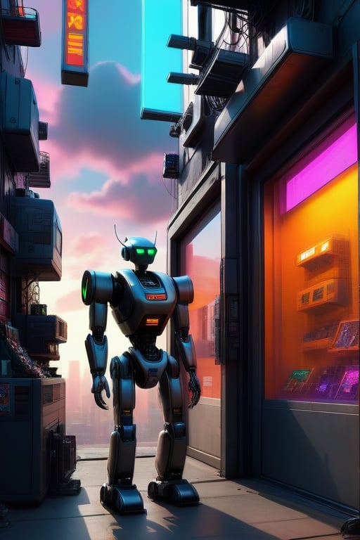 4k, high definition, sharp texture, realistic image, bright colors, cyberpunk, warm sun, cyberpunk city background, a store called "Iko-Robot", door in the middle, two windows on each side, shows robots for sale and purchase. morning with bright clouds.