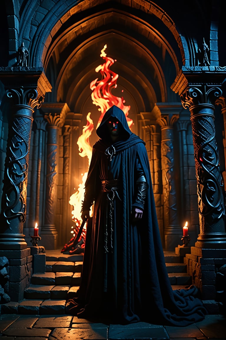 Dark fantasy cinematic film still. A dark hooded figure stands in a throne room. Low-angle medium shot. Ominous gothic architecture inspired Greg Rutkowski surrealism. Shadows cast on stone walls like dark tentacles. Flickering torches light the dark lord's imposing silhouette. Two red eyes like burning coals glow brightly in his hood. Dark, muted colors with hints of eerie blue glow. cinematic lighting, high contrast, dramatic shadows, intense atmosphere, foreboding mood, dark fantasy, ominous ambient lighting, Gustave Doré inspiration, hauntingly beautiful, breathtakingly cinematic.