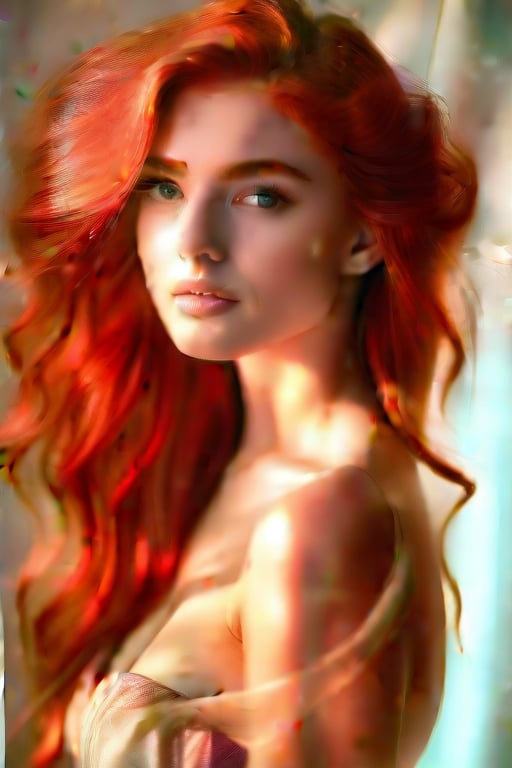 A stunning portrait of a beautiful woman with long, vibrant red locks cascading down her back and shoulders, framing her angelic face with a subtle gradient of warm light. Her delicate features are set against a soft focus background, with gentle highlights accentuating the subtle curves of her neck and shoulders.