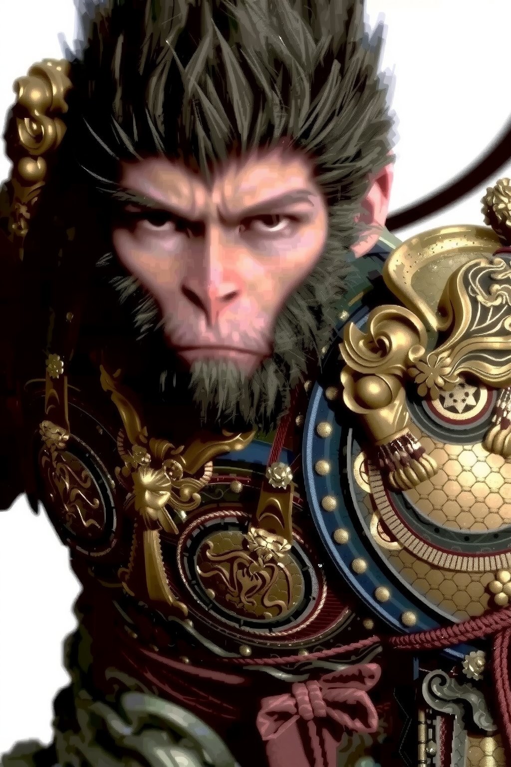 wukong, This image is a highly detailed digital illustration featuring a fierce Gorilla with an anthropomorphic appearance. The character is depicted as a humanoid figure with a large, muscular build and a prominent,  dark hair. He has a stern, serious expression with sharp, piercing eyes and a slightly raised brow, suggesting a sense of determination or readiness. The character is dressed in ornate, elaborate armor that is richly detailed with intricate patterns and motifs. The armor is predominantly dark, likely black or dark blue, with gold and silver accents that catch the light, giving it a shimmering effect. The armor is adorned with various decorative elements, including ornate shoulder pads, intricate designs on the chest plate, and long, flowing red ribbons that add a touch of color and contrast. The armor is heavily embellished with primate symbols.  Looks at viewer 