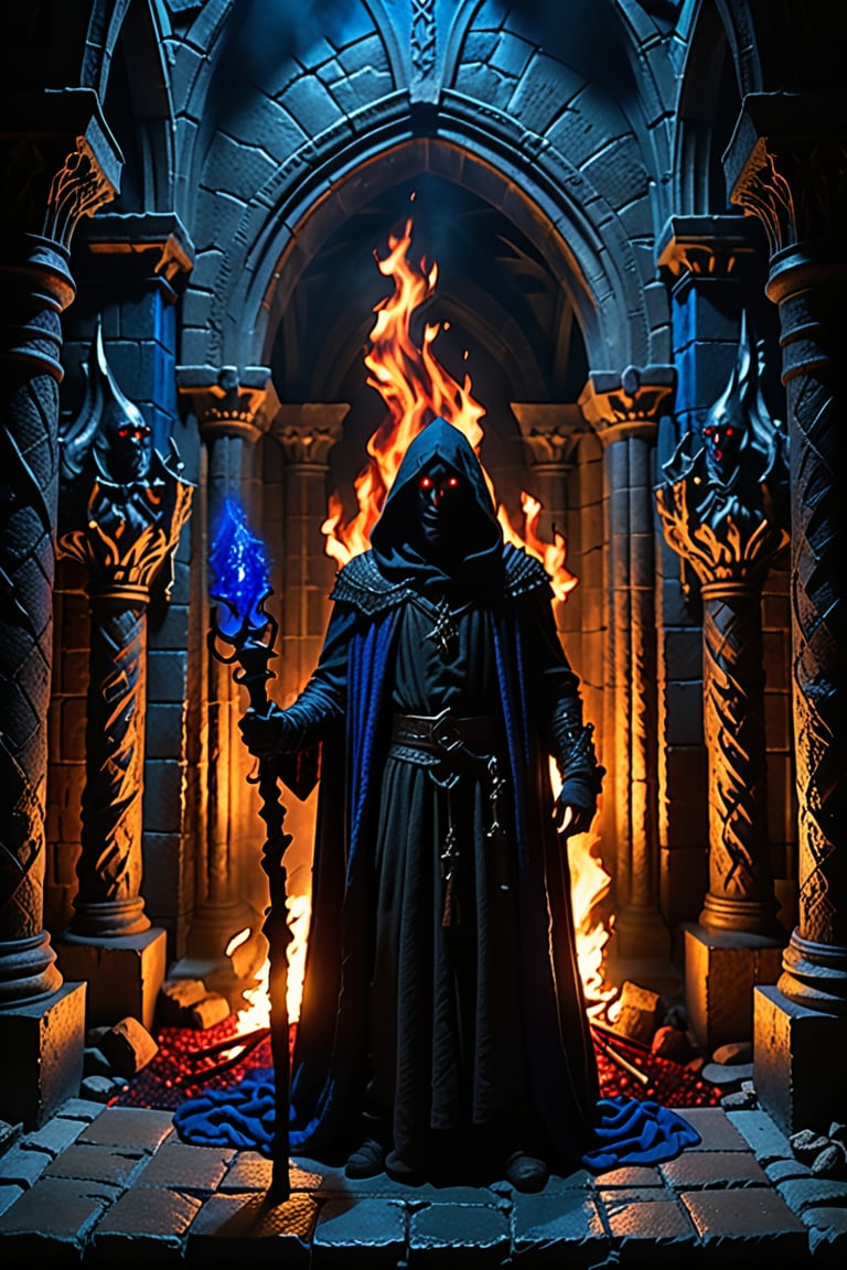 Dark fantasy cinematic film still. A dark hooded figure stands in a throne room. Two red eyes like burning coals glow brightly from within his hood. He lifts up a shimering cobalt blue magic scepter in his hand.  angle medium shot. Ominous gothic architecture inspired Greg Rutkowski surrealism. Shadows cast on stone walls like dark tentacles. Flickering torches light the dark lord's imposing silhouette. Two red eyes like burning coals glow brightly in his hood. Dark, muted colors with hints of eerie blue glow. cinematic lighting, high contrast, dramatic shadows, intense atmosphere, foreboding mood, dark fantasy, ominous ambient lighting, Gustave Doré inspiration, hauntingly beautiful, breathtakingly cinematic.