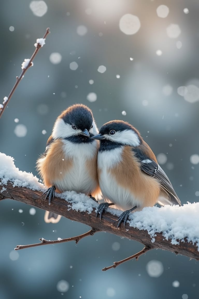 A close-up shot of a pair of chickadees nestled closely together on a thin branch on a cold winter morning. Soft snowflakes fall gently, and the branches are covered in snow. Soft morning light filters through the leaves, creating a serene atmosphere. A gentle breeze causes slight movement in the birds and snow. The background is blurred with hints of fallen snow, emphasizing the peaceful and harmonious scene.