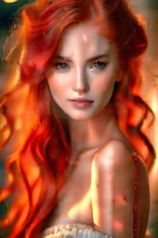 A stunning portrait of a beautiful woman with long, vibrant red locks cascading down her back and shoulders, framing her angelic face with a subtle gradient of warm light. Her delicate features are set against a soft focus background, with gentle highlights accentuating the subtle curves of her neck and shoulders.