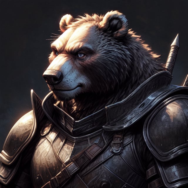 Realistic, Masterpiece, detailed, portrait, headshot, anthromorphic, male, furry, brown bear, large, burly, rpg, fantasy, armor, warrior, simplistic background,