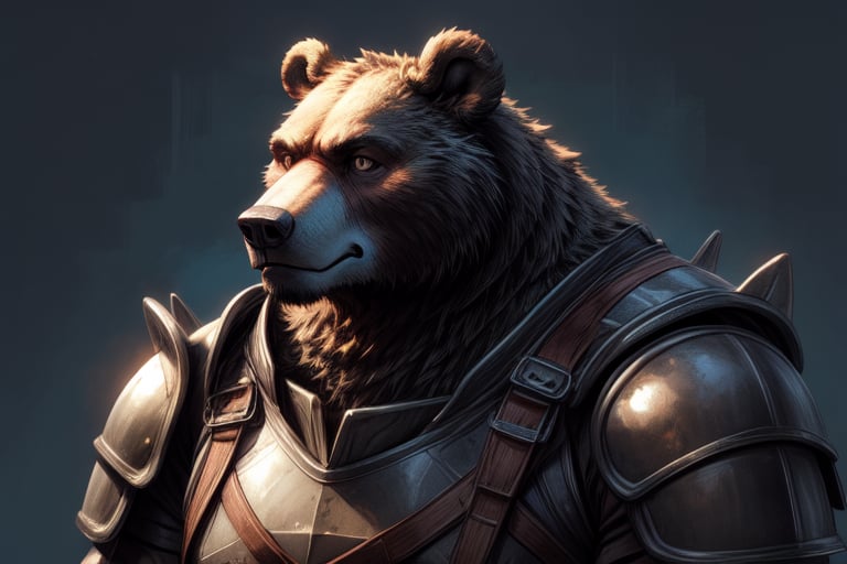 Realistic, Masterpiece, detailed, portrait, headshot, anthromorphic, male, furry, brown bear, large, burly, rpg armor, warrior, simplistic background,