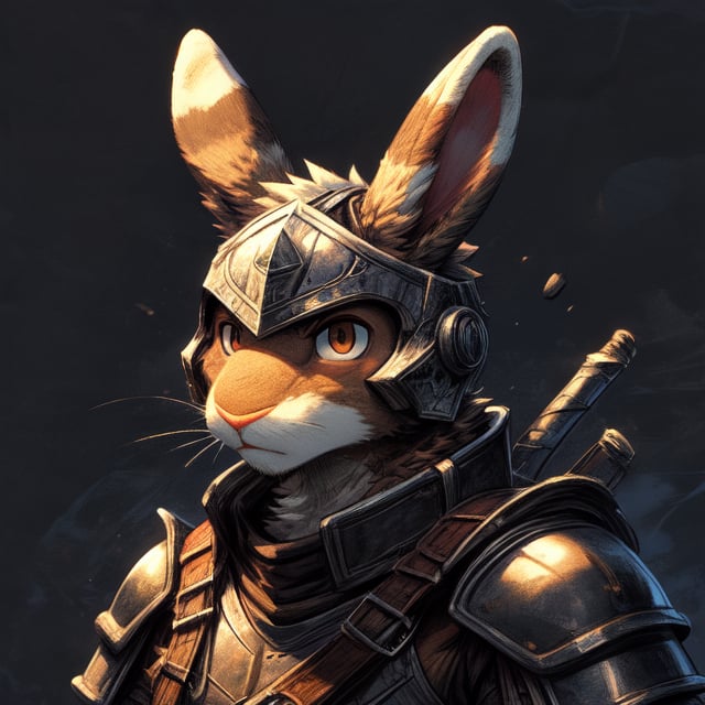 Video game style, Masterpiece, detailed, portrait, headshot, anthromorphic, male, furry, brown rabbit, brown eyes, rpg armor, warrior, simplistic background,