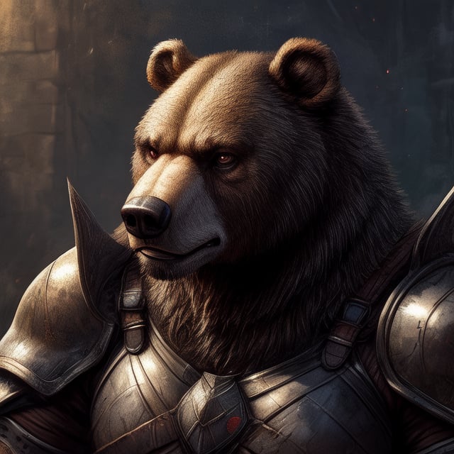 Realistic, Masterpiece, detailed, portrait, headshot, anthromorphic, male, furry, brown bear, large, burly, rpg, fantasy, armor, warrior, simplistic background,