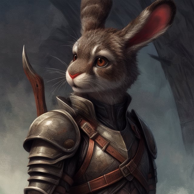 Realistic, Masterpiece, detailed, portrait, headshot, anthromorphic, male, furry, brown rabbit, tall ears, brown eyes, rpg, fantasy, armor, archer, bow on back, simplistic background,