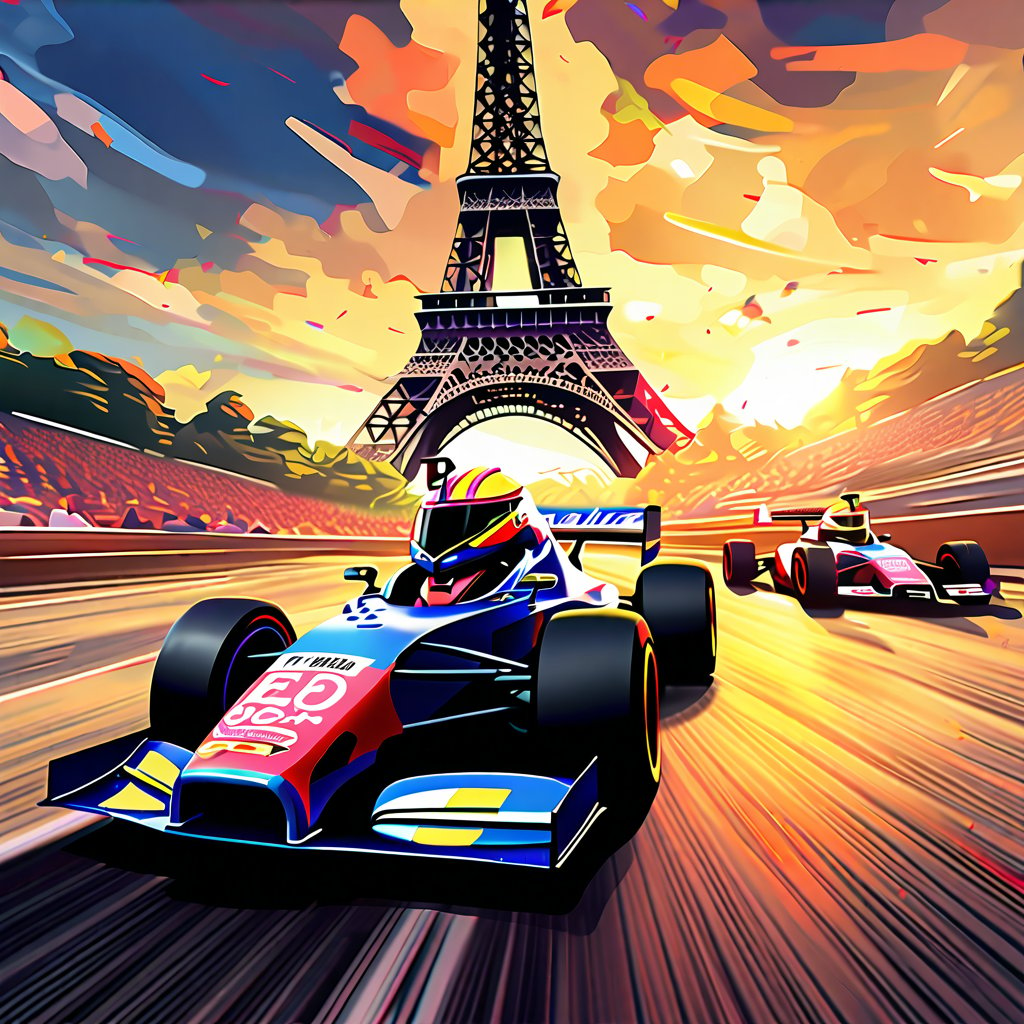 A speeding sensation perched atop a sleek racing machine, triumphant helmet held high amidst a sea of frenzied fans spilling onto the grandstand's undulating tiers. Bold, vibrant racing attire shines like a beacon as the crowd erupts in jubilant cheers. In the distant backdrop, the Eiffel Tower's iconic iron latticework rises majestically, its presence amplified by the electric atmosphere.