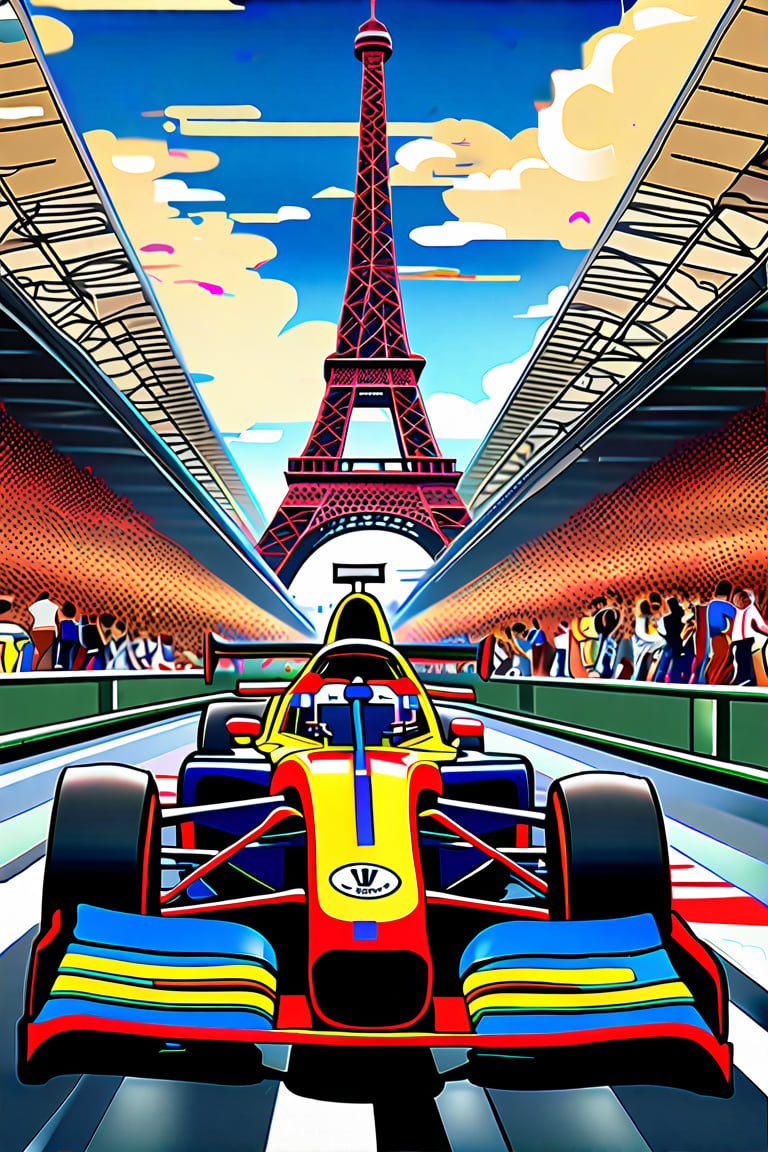 A speeding sensation perched atop a sleek racing machine, triumphant helmet held high amidst a sea of frenzied fans spilling onto the grandstand's undulating tiers. Bold, vibrant racing attire shines like a beacon as the crowd erupts in jubilant cheers. In the distant backdrop, the Eiffel Tower's iconic iron latticework rises majestically, its presence amplified by the electric atmosphere.