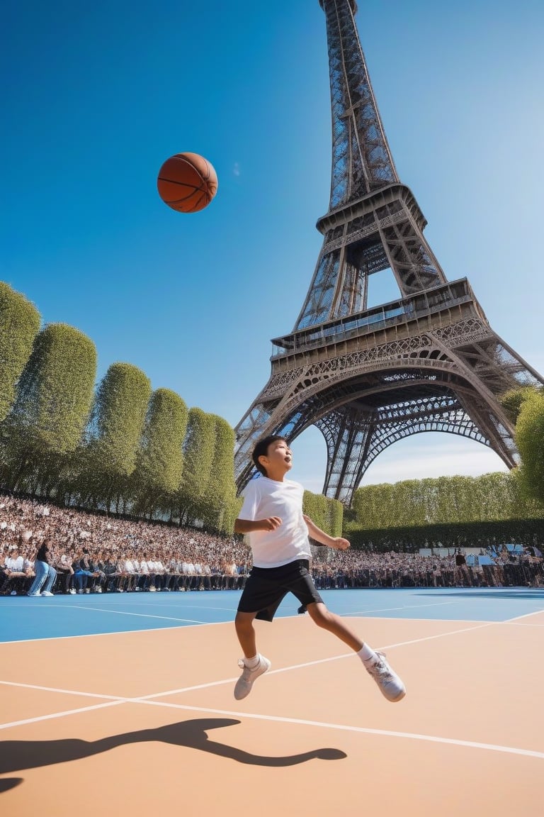 A dynamic shot captures a young boy in his prime, dressed in sleek athletic wear, as he's mid-swing in a sprawling basketball court. The majestic Eiffel Tower rises in the distance, its iron latticework gleaming against the bright blue sky. A sea of excited fans fills the stands, their faces aglow with anticipation and excitement.