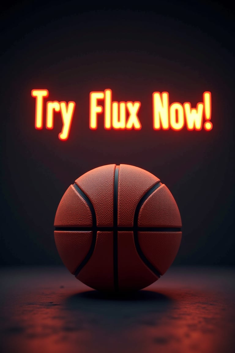 Close-up shot of a highly-detailed basketball sitting prominently in the center of the frame. The movie title 'Try Flux Now!' gleams with glowing text above, the words Try and Now! standing out particularly vividly at 1.5 times normal size. A simple yet striking background allows the basketball to take center stage, its intricate details inviting scrutiny.