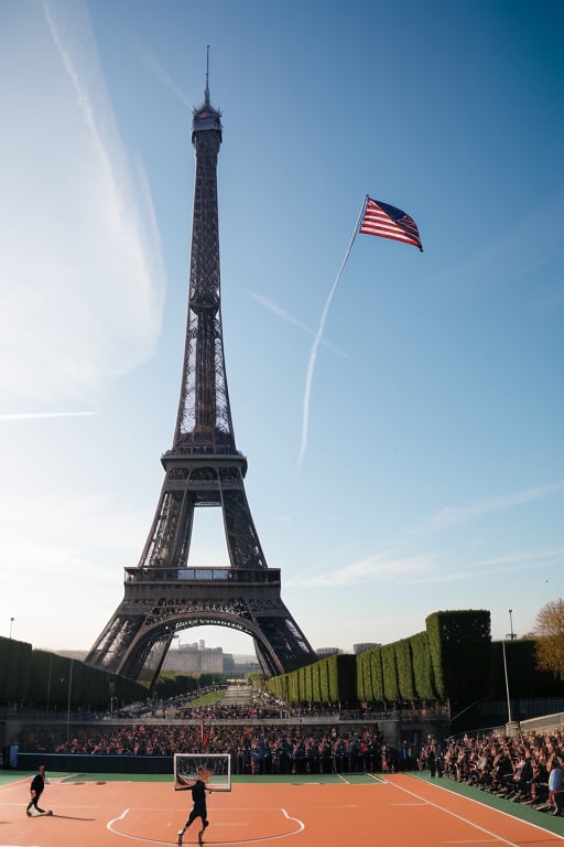 A soaring shot of a young boy, dressed in sleek sports attire, mid-swing on a basketball court. The Eiffel Tower's iconic silhouette rises majestically behind him. His bright smile radiates confidence as he shoots the ball with precision. Flags waving in the stands add a burst of color and energy. The crowd cheers in anticipation, their faces alight with excitement.