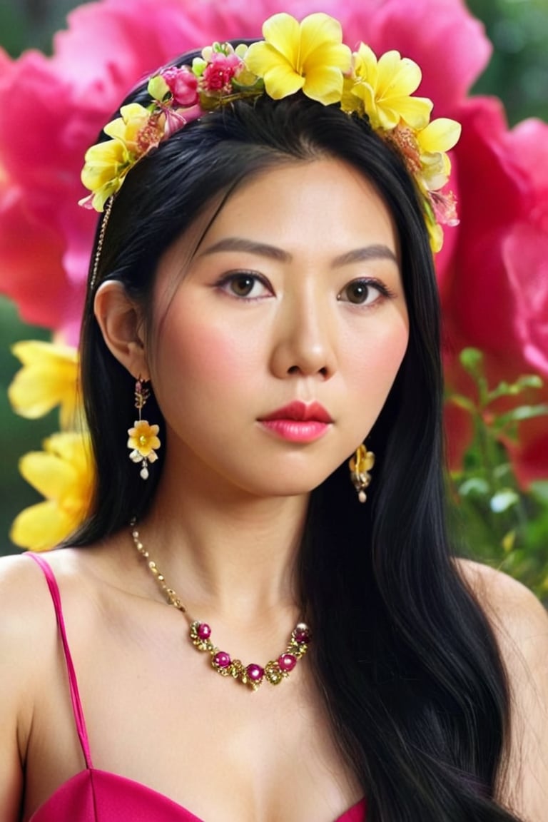 An Asian woman with long black hair is wearing a necklace and a scarlet dress. There are pink and yellow flowers on her head, Extremely Realistic