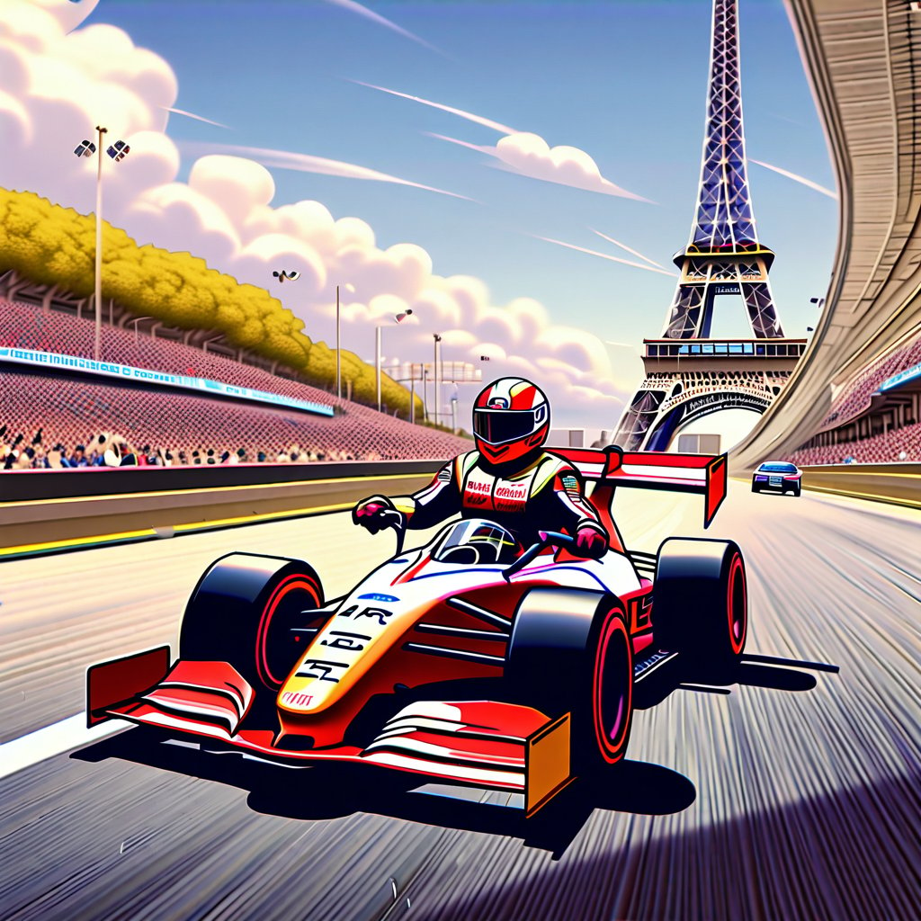 A speeding sensation perched atop a sleek racing machine, triumphant helmet held high amidst a sea of frenzied fans spilling onto the grandstand's undulating tiers. Bold, vibrant racing attire shines like a beacon as the crowd erupts in jubilant cheers. In the distant backdrop, the Eiffel Tower's iconic iron latticework rises majestically, its presence amplified by the electric atmosphere.