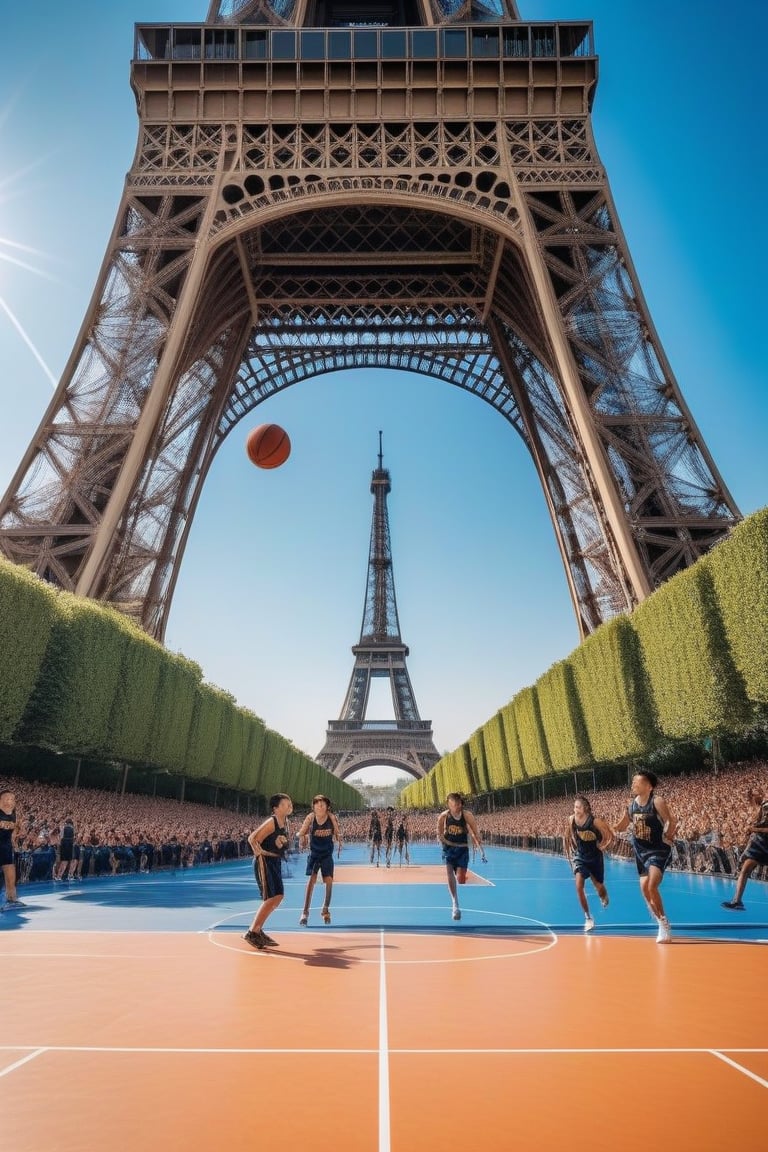 A dynamic shot captures a young boys and girls in heir prime, dressed in sleek athletic wear, as they mid-swing in a sprawling basketball court. The majestic Eiffel Tower rises in the distance, its iron latticework gleaming against the bright blue sky. A sea of excited fans fills the stands, their faces aglow with anticipation and excitement.