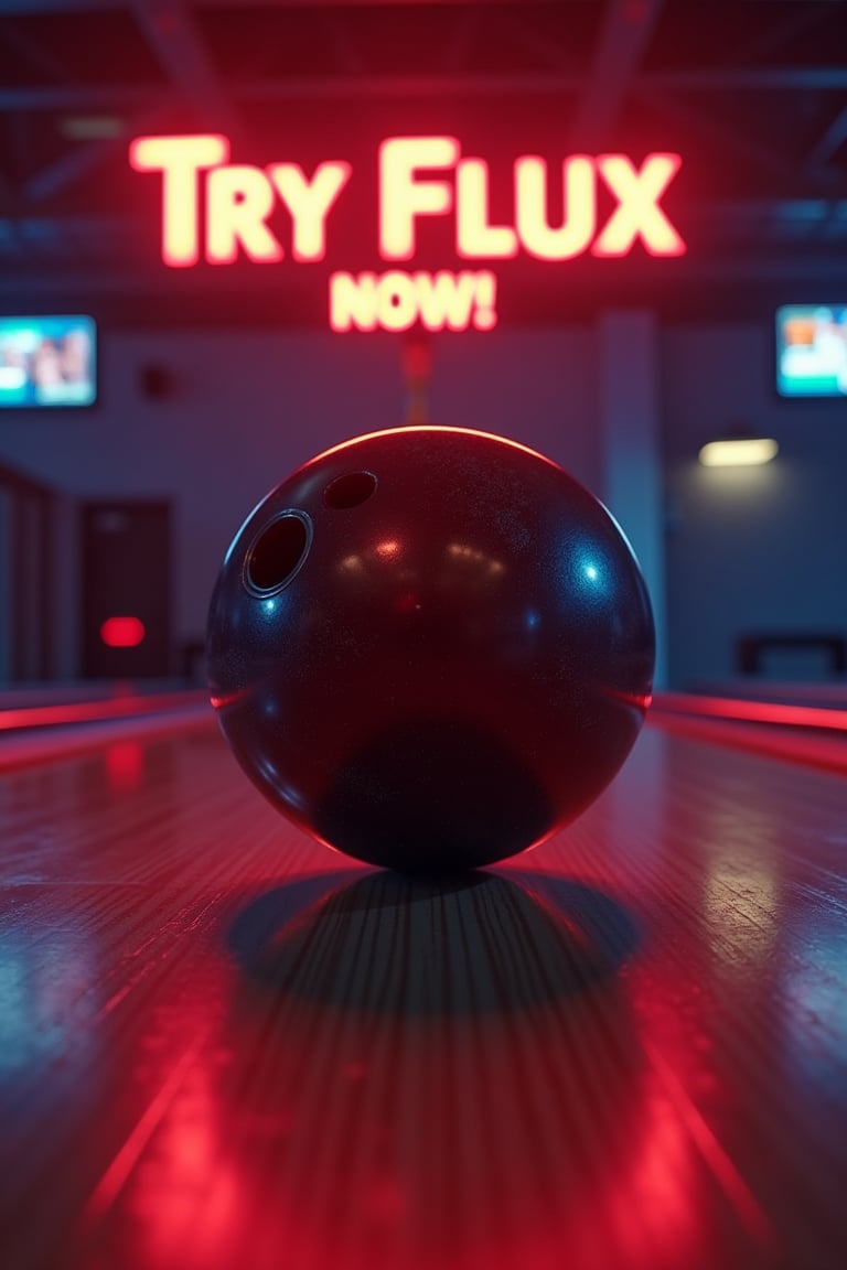 Close-up shot of a highly-detailed bowling ball sitting prominently in the center of the frame. The movie title 'Try Flux Now!' burning with glowing text above, below are the words Try and Now! standing out particularly vividly at 1.5 times normal size.