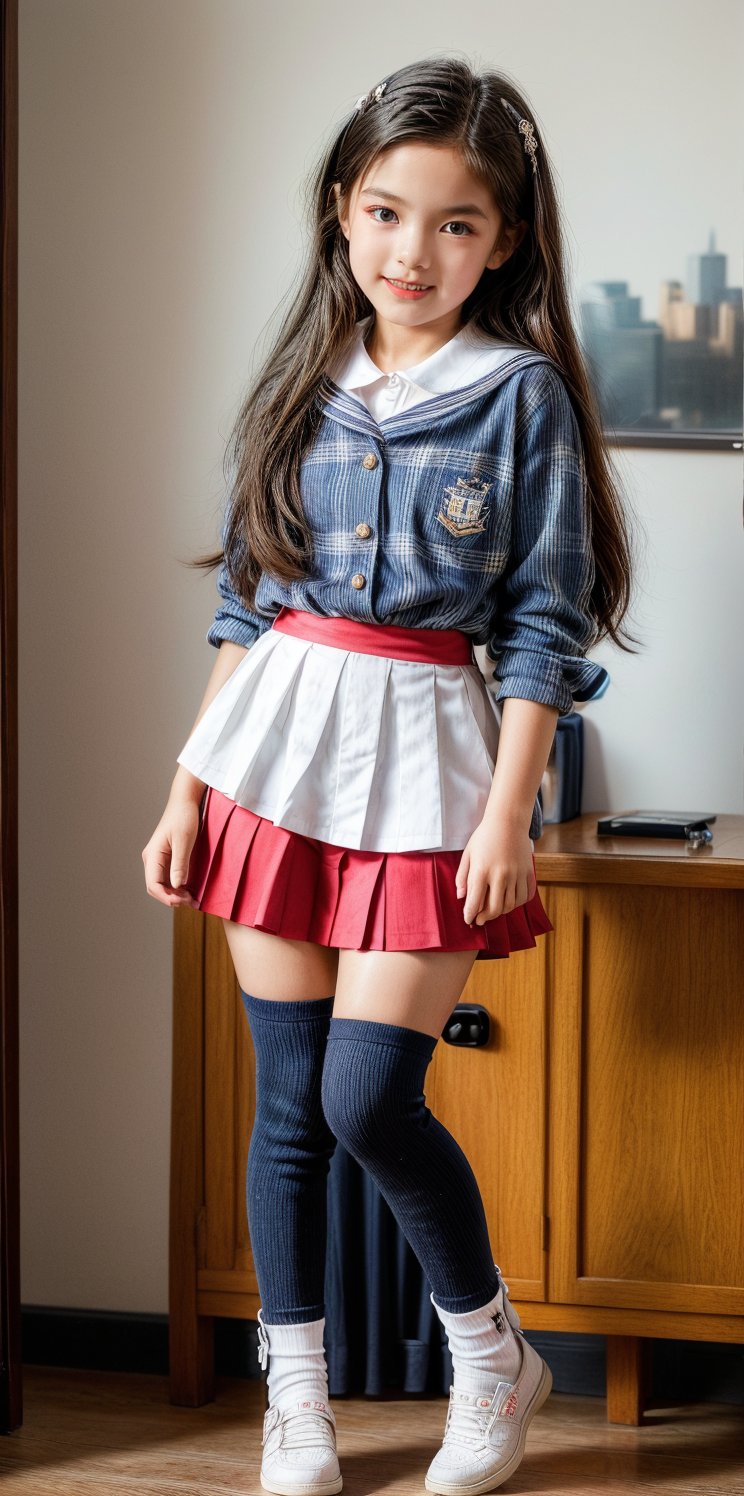 a 12 years old very young little girl Wrapped in school uniform, latin little girl revealing her stylized legs and timidly showing the burgeoning femininity, while the gentle curves are carefully emphasized and a smile draws her tender face, full-body_portrait.