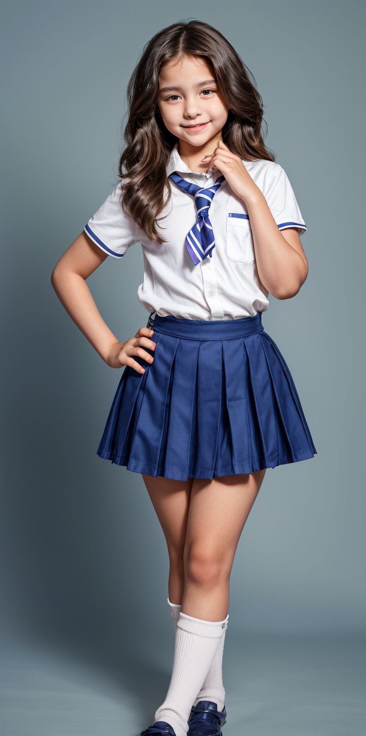 a 12 years old very young little girl Wrapped in school uniform, latin little girl revealing her stylized legs and timidly showing the burgeoning femininity, while the gentle curves are carefully emphasized and a smile draws her tender face, full-body_portrait.