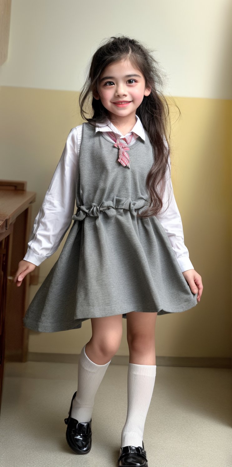 a 9 years old very young little girl Wrapped in school uniform, latin little girl revealing her stylized legs and timidly showing the burgeoning femininity, while the gentle curves are carefully emphasized and a smile draws her tender face, full-body_portrait.