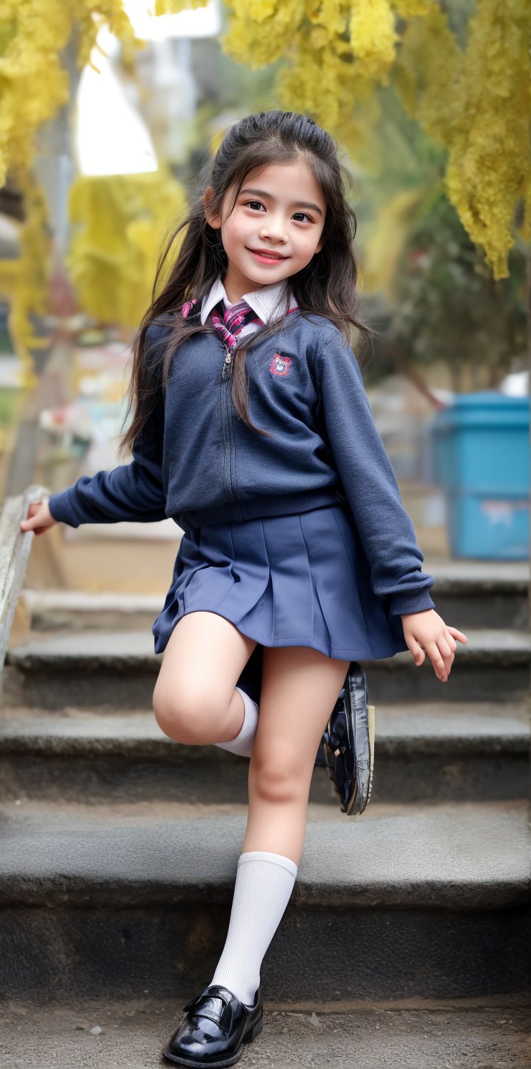 a 9 years old very young little girl Wrapped in school uniform, latin little girl revealing her stylized legs and timidly showing the burgeoning femininity, while the gentle curves are carefully emphasized and a smile draws her tender face, full-body_portrait.