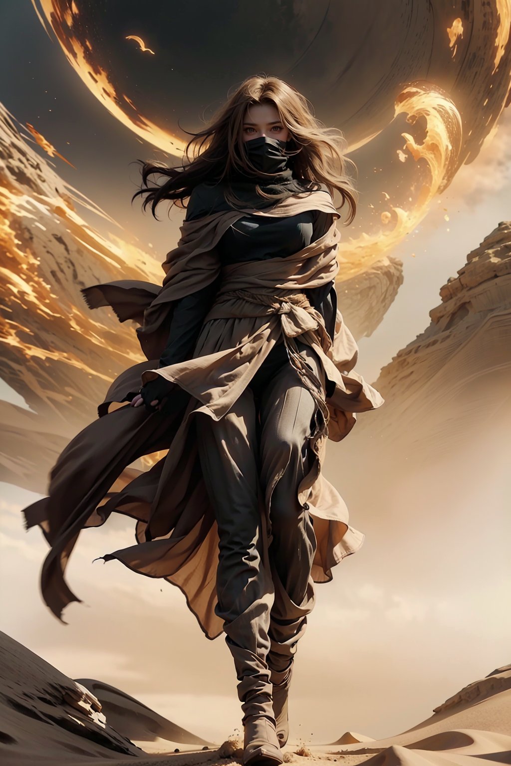 A majestic desert warrior emerges from the swirling sandstorm of Arrakis in 'Dune'. The camera frames a stunning, raw photo-worthy moment as she stands tall, her perfect body clad in wind-resistant attire: long boots, sand-colored clothes, and Wind goggles. Blonde hair, blown by the gusts, creates a wild halo around her regal visage. Her piercing blue eyes lock onto the viewer's gaze, while her full breasts are accentuated beneath the folds of a flowing sand cloak that covers her mouth and head. The 16k resolution captures every detail of this high-quality masterpiece.