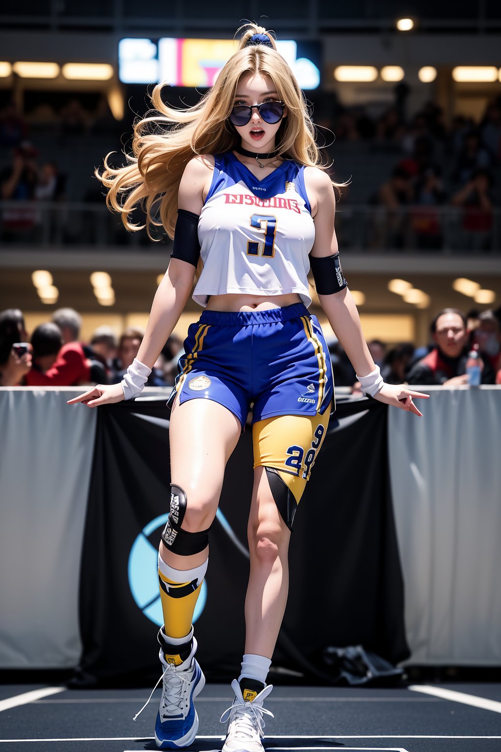 "An ultra-realistic 8K masterpiece photo captures a stunning woman with long, wavy blonde hair, wearing a basketball team outfit. She has a perfect athletic physique . The outfit includes a sleeveless jersey and matching shorts, fitted to accentuate her figure, along with high socks. She has a confident and celebratory expression, celebrating a victory for the Olympics in Paris. The photo is a full-body shot, showcasing her perfect form and exuding a sense of pride and triumph."