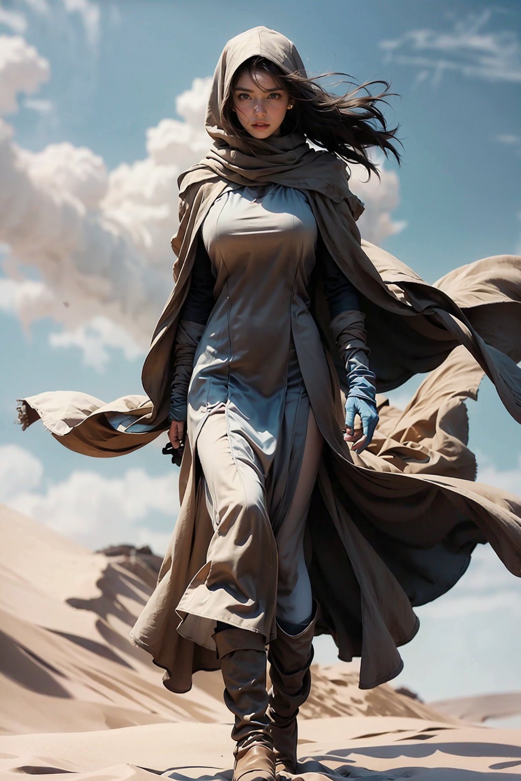 Masterpiece,Raw photo,16k,best quailty,high_resolution,perfect body,huge breasts,full body,looking_at_viewer, Dune ,sandstrom,blue eye,blonde hair,wavy hair,wind blow,sand cloak,cover mouth,cover_head,long boots,windglass,sand_color clothes,cover mouth with cloak