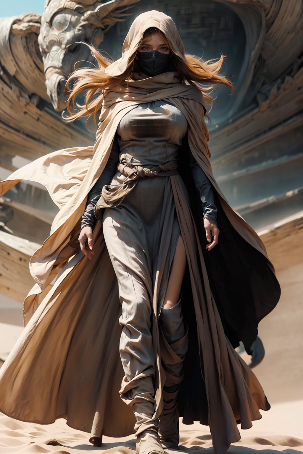 Masterpiece,Raw photo,16k,best quailty,high_resolution,perfect body,huge breasts,full body,looking_at_viewer, Dune ,sandstrom,mask,blue eye,blonde hair,wavy hair,wind blow,sand cloak,cover mouth,cover_head,long boots,windglass,sand_color clothes