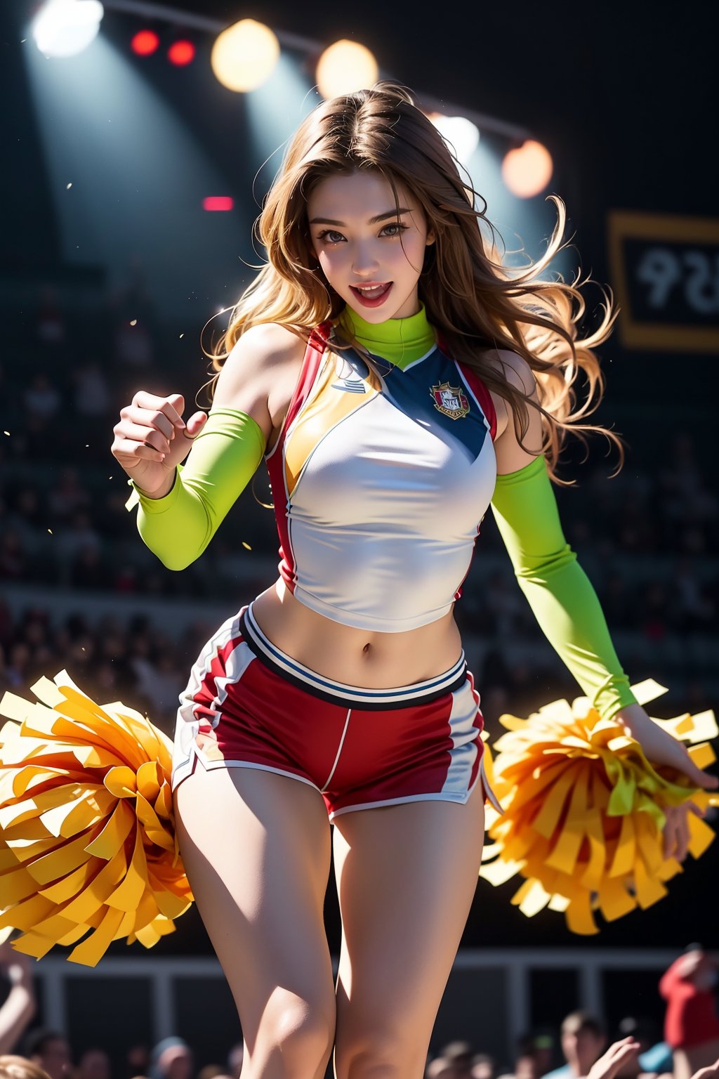 "An ultra-realistic 8K masterpiece photo captures a stunning woman with long, wavy blonde hair, wearing a basketball team outfit. She has a perfect athletic physique cheerleader . The outfit includes a sleeveless jersey and matching shorts, fitted to accentuate her figure, along with high socks. She has a confident and celebratory expression, celebrating a victory for the Olympics in Paris. The photo is a full-body shot, showcasing her perfect form and exuding a sense of pride and triumph."