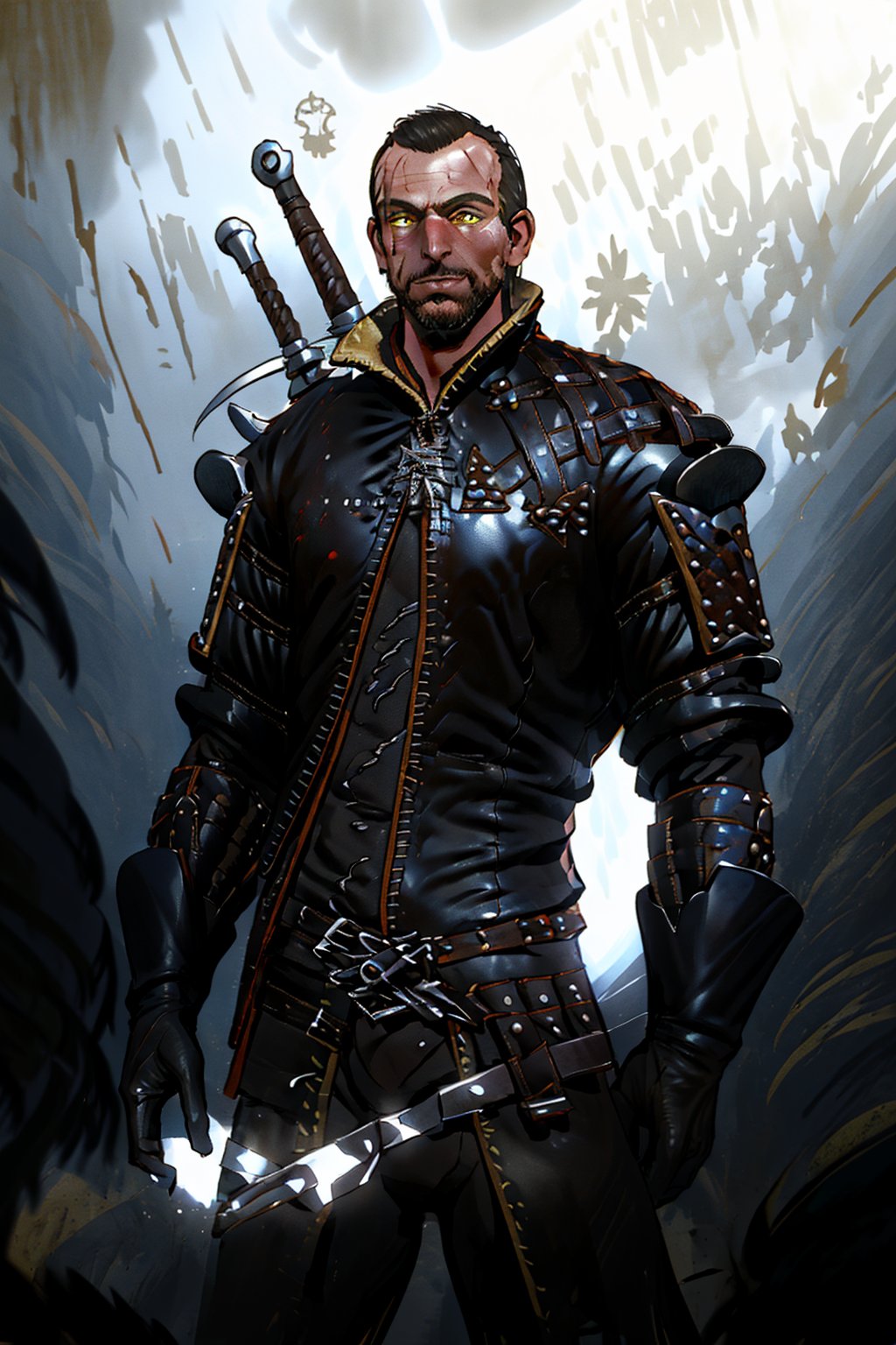 [masterpiece], (highest quality), (high detail drawing, drawing details), a black-haired man in a black leather jacket walks straight at the viewer (full face), (full height). The man has snake-like yellow eyes. In his right hand is a silver runic sword, a second sword behind his back (the hilt is visible), in his left hand is the head of a monster. Black background with fog at the bottom of the image.