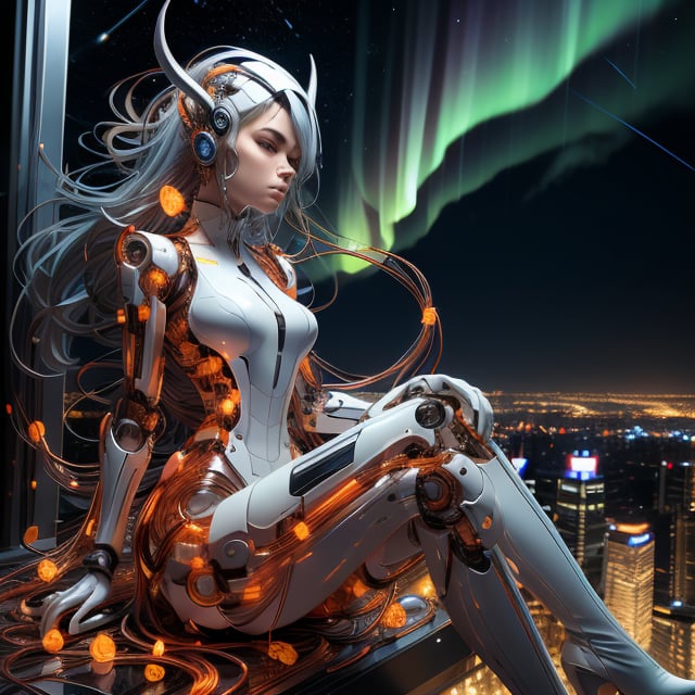 Semi-mechanical and semi-organic robot, fair-skinned Taiwanese girl, body covered with mechanical parts wires, fiber optic components exposed, gray and powder blue hair, horns on head, long leather boots, glowing butterflies, sitting on a skyscraper On the rooftop, Taipei 101 night view, bustling, northern lights, starry sky, high contrast