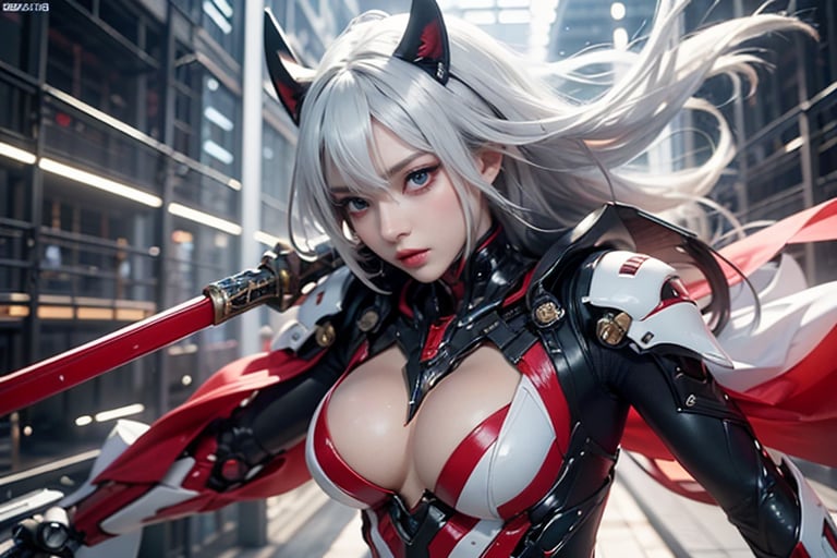 Korean anime beauty. Wearing sexy clothes. Fighting posture. Precision mechanical details. Linear light bars on parts of the body. Fighting with enemies. Red and white combination. Holding a big knife. Large area of ​​human skin. Double eyelids.